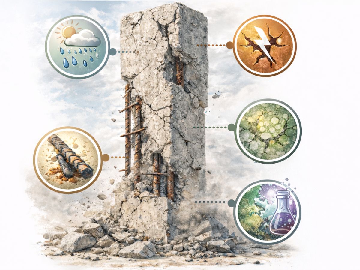 Ilustração das patologias do concreto sem grafeno cimentícios