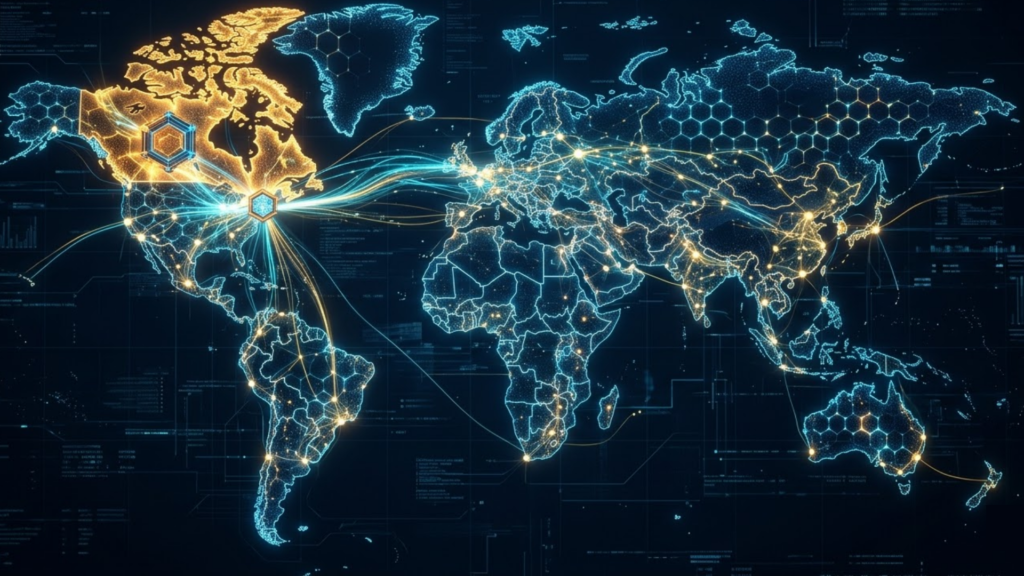 Mapa-múndi com conexões digitais ilustrando a expansão internacional da SuperGrafeno no mercado global de grafeno e nanomateriais avançados