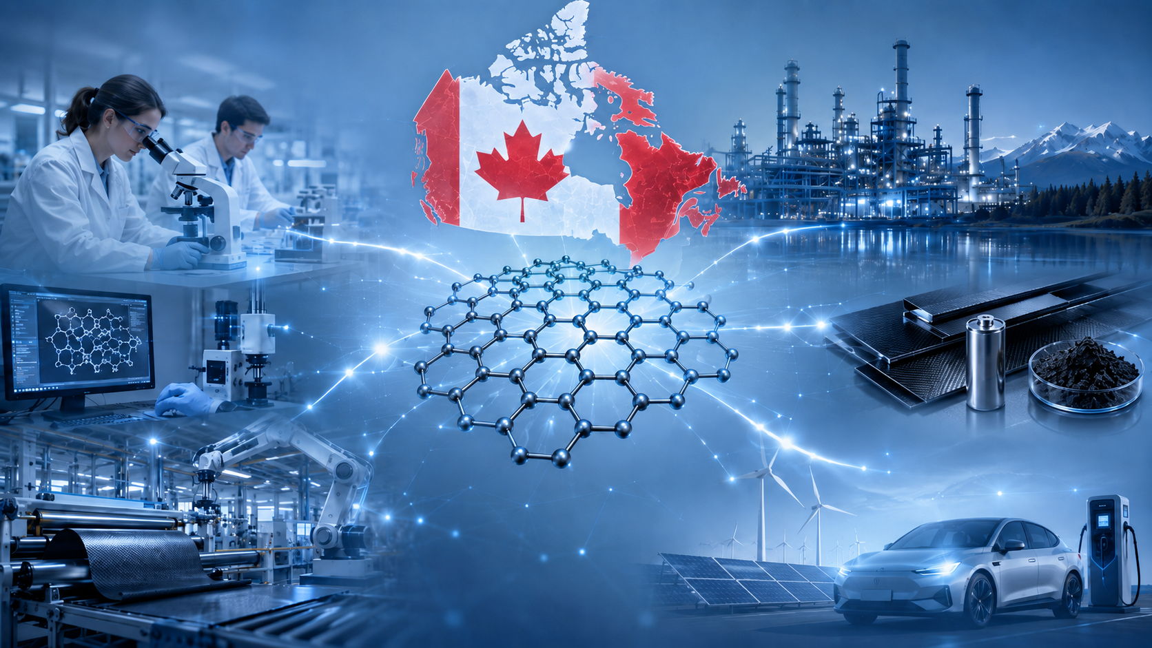 Mapa do Canad&aacute; conectado a uma estrutura de grafeno e materiais avan&ccedil;ados